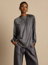 [Dark Gray] SilkSilky  19Momme Stretch Silk Charmeuse Long Sleeve Round Neck Blouse 004