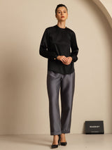 Women’s silk gathered neck long sleeve blouse with round neck and button details
