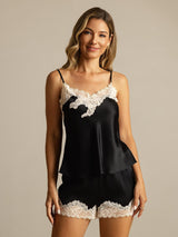 [Black] SilkSilky  Spaghetti Strap V Neck Camisole Set 001