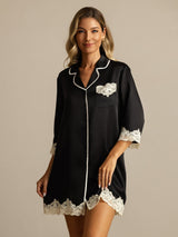 [Black] SilkSilky  Pure Silk Lapel Collar Nightshirt 003