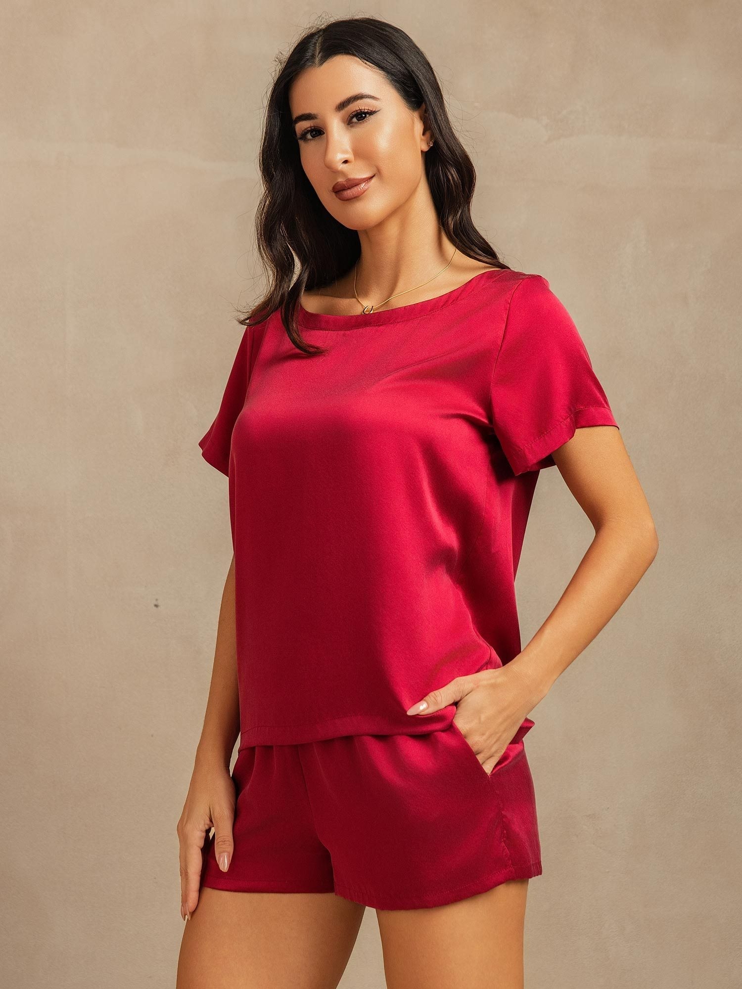 [Wine] SilkSilky 19Momme Silk Round Neck Women's Pajamas 003