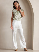 [Light Green] SilkSilky  19Momme Stretch Silk Charmeuse Cap Sleeve Cowl Neck Women's T-Shirt 008
