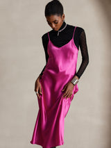 [Rose Red] SilkSilky  Spaghetti Strap V Neck Dress 005