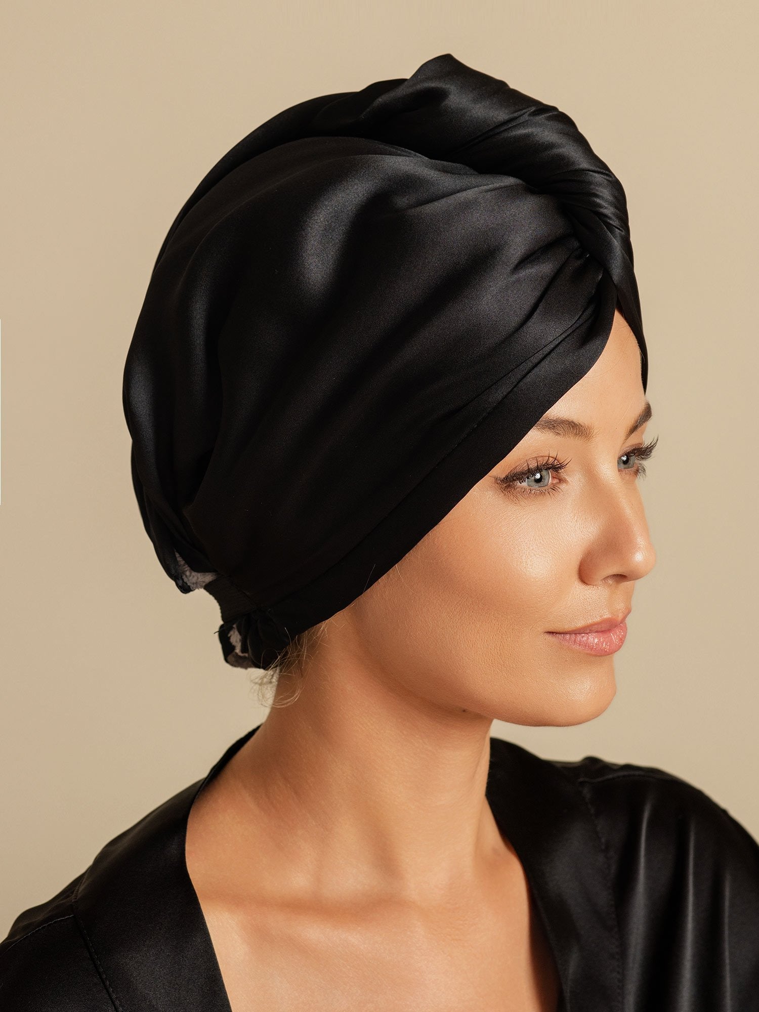 [Black] SilkSilky  Pure Silk Wrap Hair Towel Wrap 005,