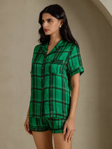 [Green Plaid] SilkSilky Short Sleeve Notch Collar Women's Pajamas 003