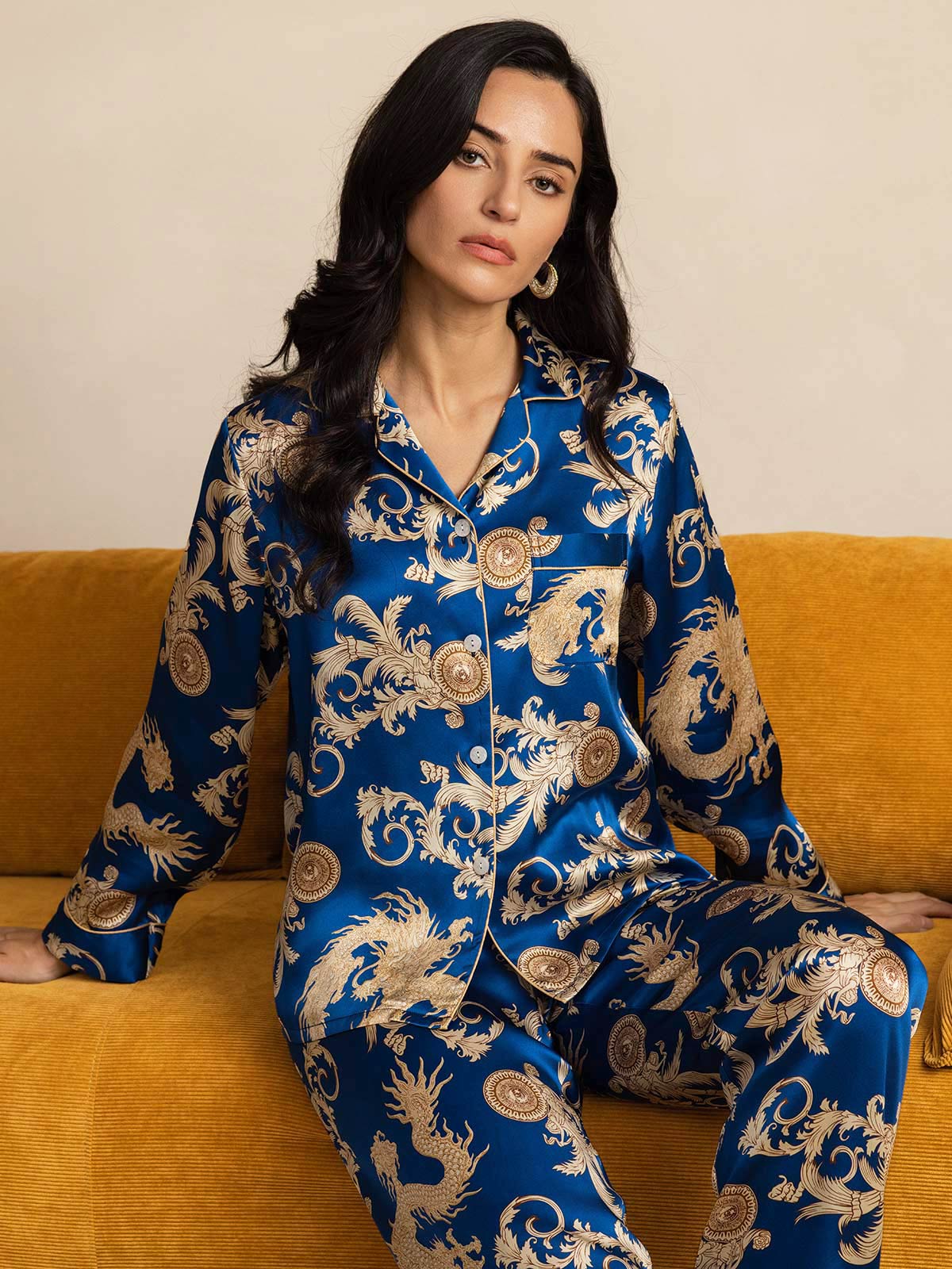 [Navy Dragon] SilkSilky  Pure Silk Womens Pajamas 001
