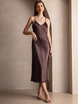 [Coffee] SilkSilky  Spaghetti Strap V Neck Dress 004