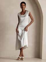 [White] SilkSilky  19Momme Stretch Silk Charmeuse Cap Sleeve Scoop Neck Dress 005