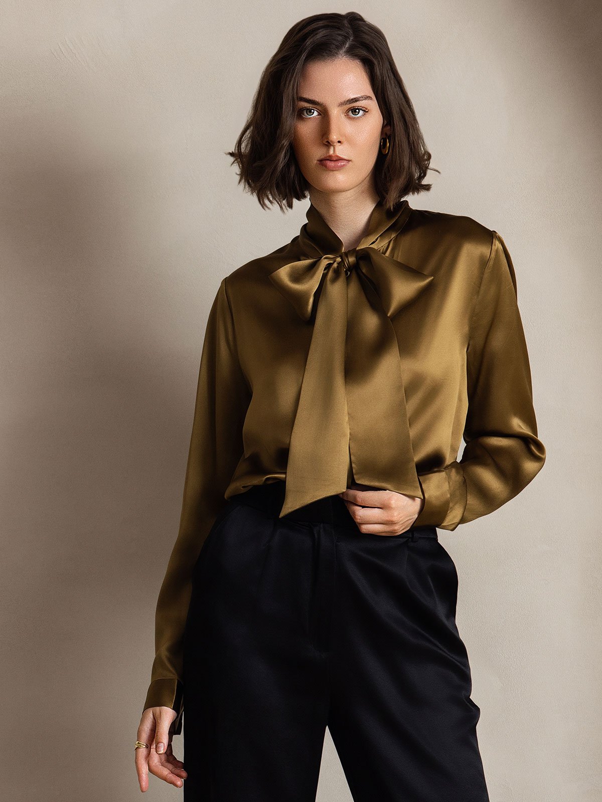 [Brown] SilkSilky 19Momme Silk Long Sleeve Tie Neck Women's Shirt 004