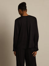 [Black] SilkSilky 19Momme Silk Long Sleeve V Neck Blouse 002