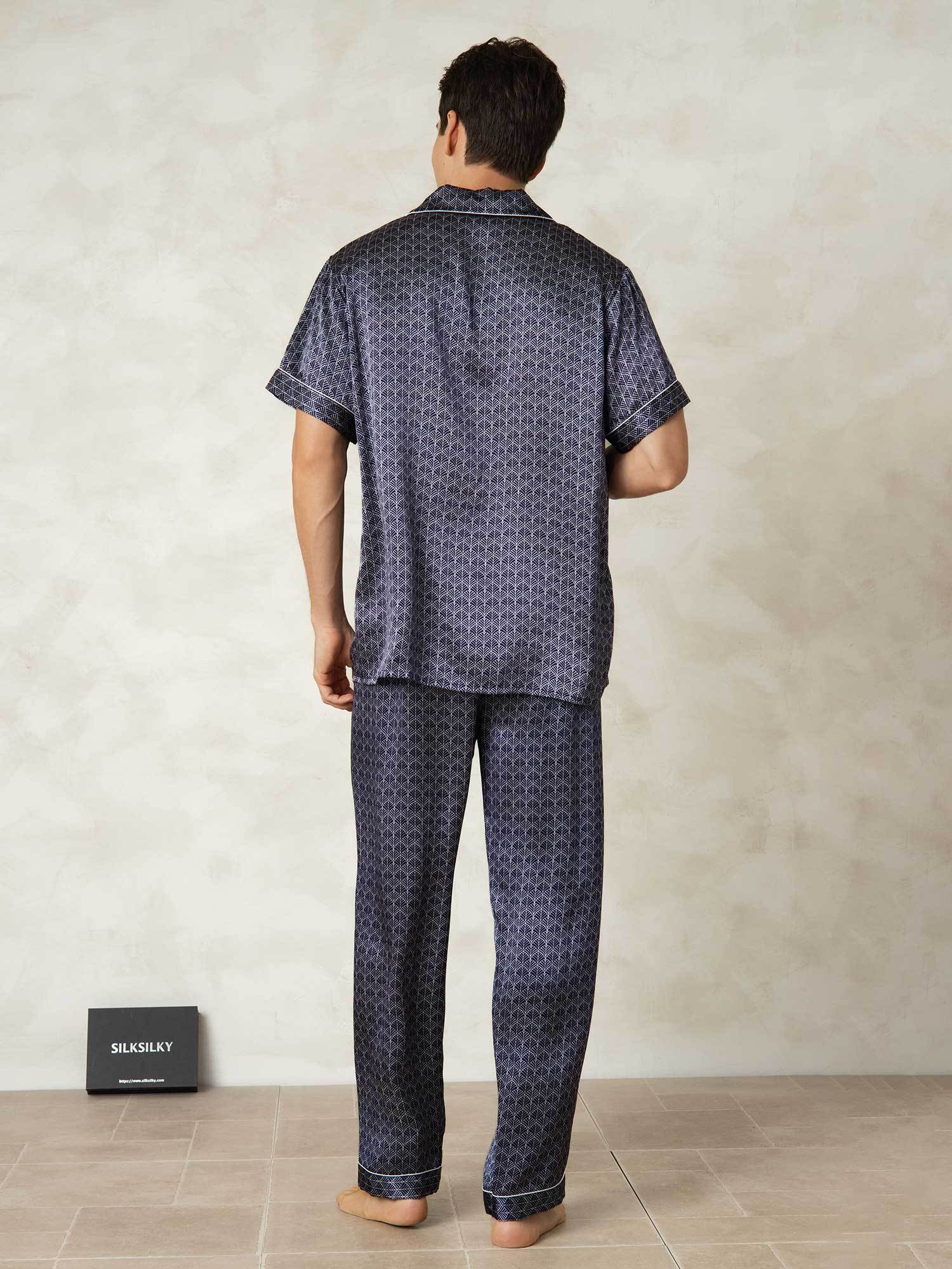 [NavyGinkgo] SilkSilky Pure Silk Lapel Collar Men's Pajamas 002