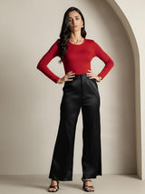 [Wine] SilkSilky  Silk Jersey Long Sleeve Round Neck Women's T-Shirt 006