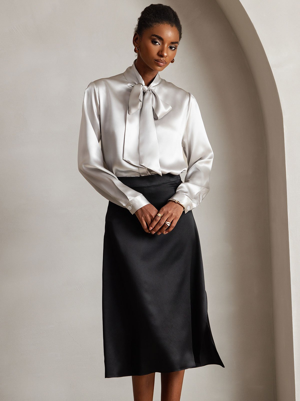 [Light Gray] SilkSilky 19Momme Silk Long Sleeve Tie Neck Women's Shirt 005
