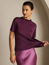 [Purple] SilkSilky  100% Silk Jersey Short Sleeve Mock Neck Women's T-Shirt 001