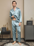 SilkSilky US 19Momme Pure Silk Long Sleeve Lapel Men's Pajamas LightBlue 005