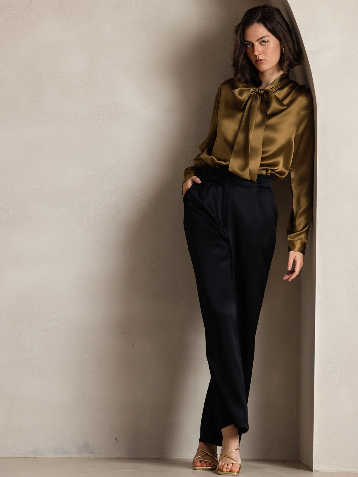 [Brown] SilkSilky 19Momme Silk Long Sleeve Tie Neck Women's Shirt 008
