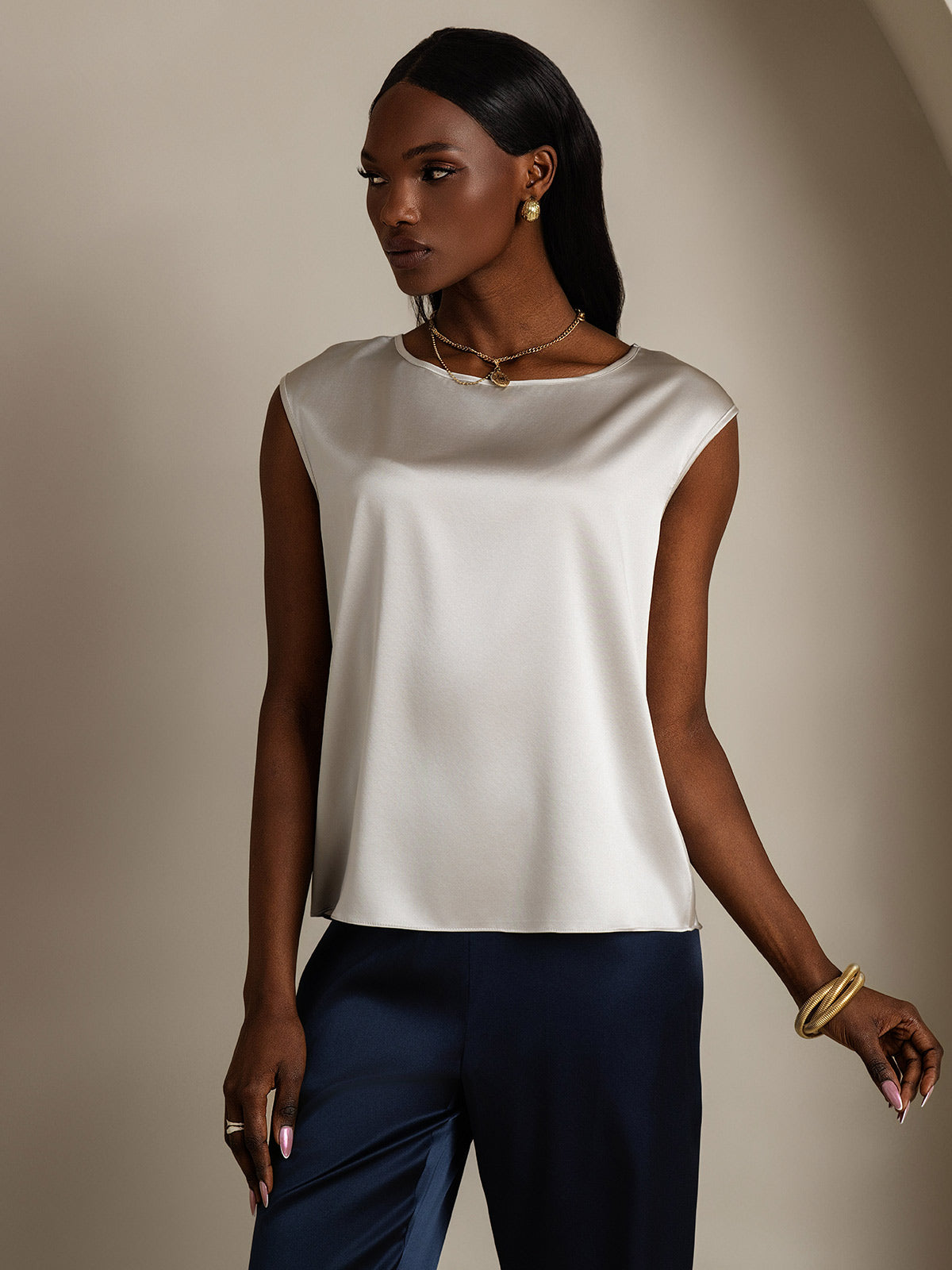 [Light Gray] SilkSilky  19Momme Silk Round Neck Women's T-Shirt 004