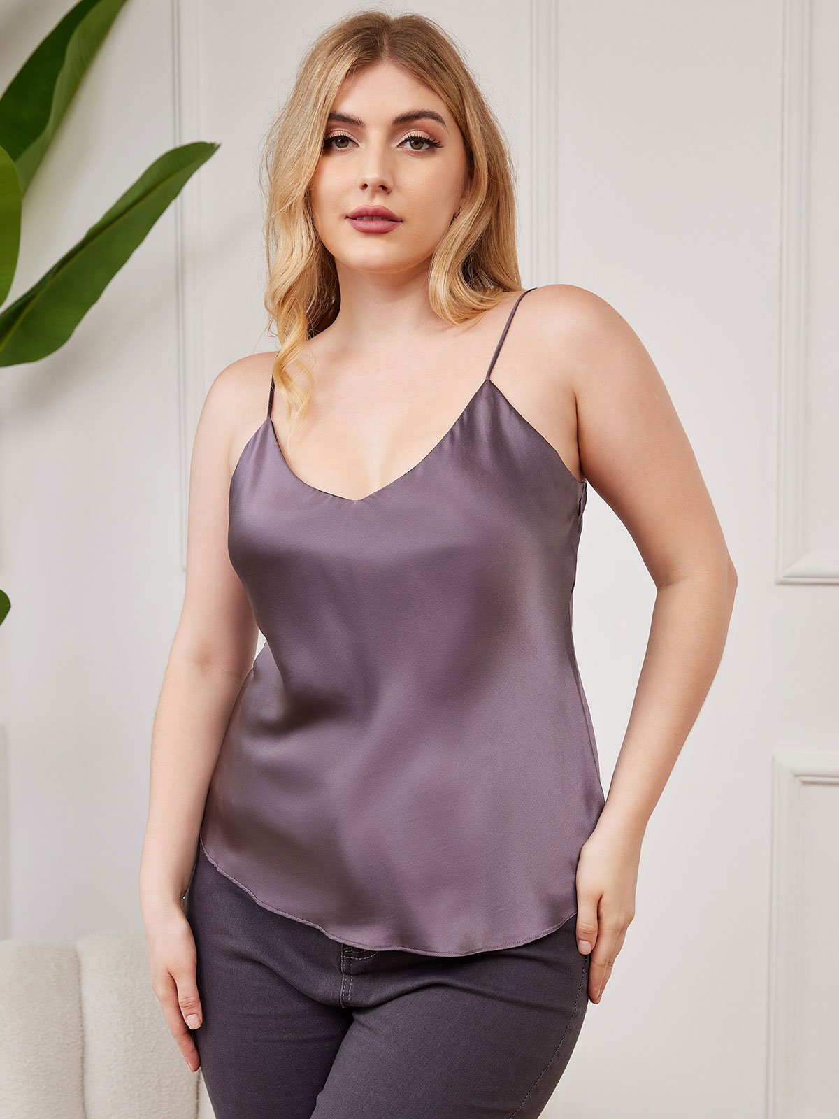 SilkSilky US Pure Silk Deep V Neck Plus Size Camisole Top PurpleGray 003