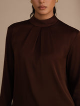 [Coffee] SilkSilky  Long Sleeve Stand Collar Women's Blouse 005