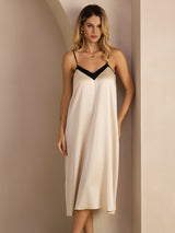 [Brown Rice] SilkSilky Spaghetti Strap V Neck Dress 001
