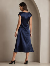 [Dark Blue] SilkSilky  19Momme Stretch Silk Charmeuse Cap Sleeve Scoop Neck Dress 002