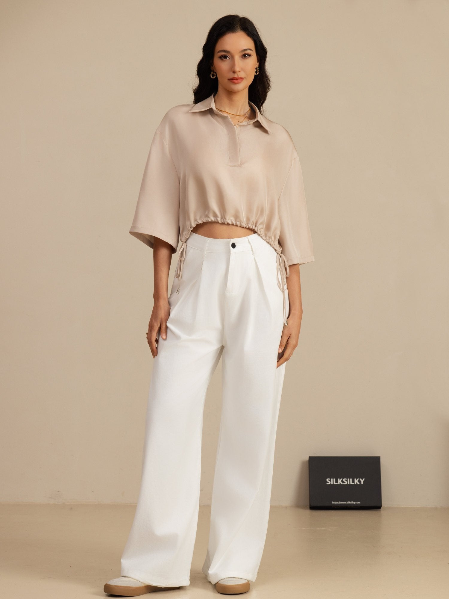 [Tan] SilkSilky  18Momme Silk Satin Surah Half Sleeve Lapel Collar Blouse 006