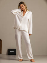 [White] SilkSilky  19Momme Machine-Washable Silk Long Sleeve Notch Collar Women's Pajamas 007