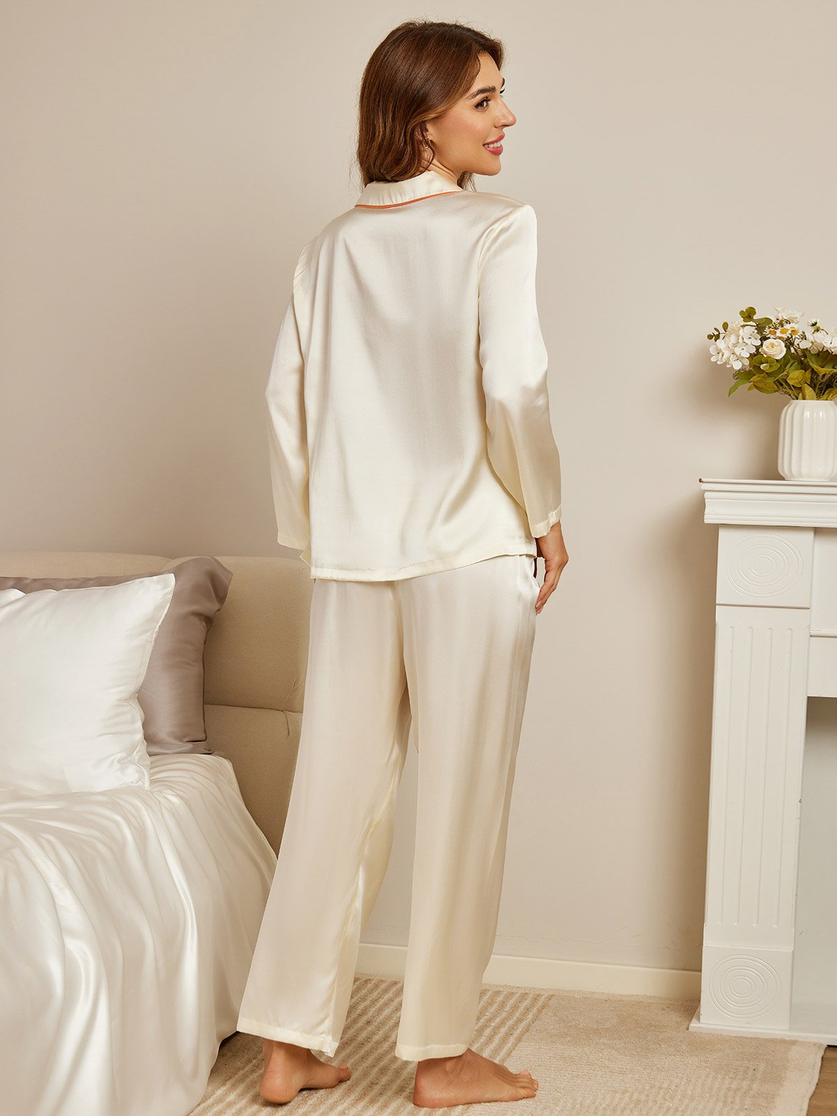 SilkSilky US Pure Silk Long Sleeve Collar Women's Pajamas White 002