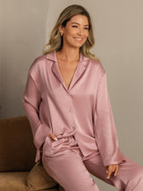 [Peach Skin] SilkSilky  19Momme Machine-Washable Silk Long Sleeve Notch Collar Women's Pajamas 008