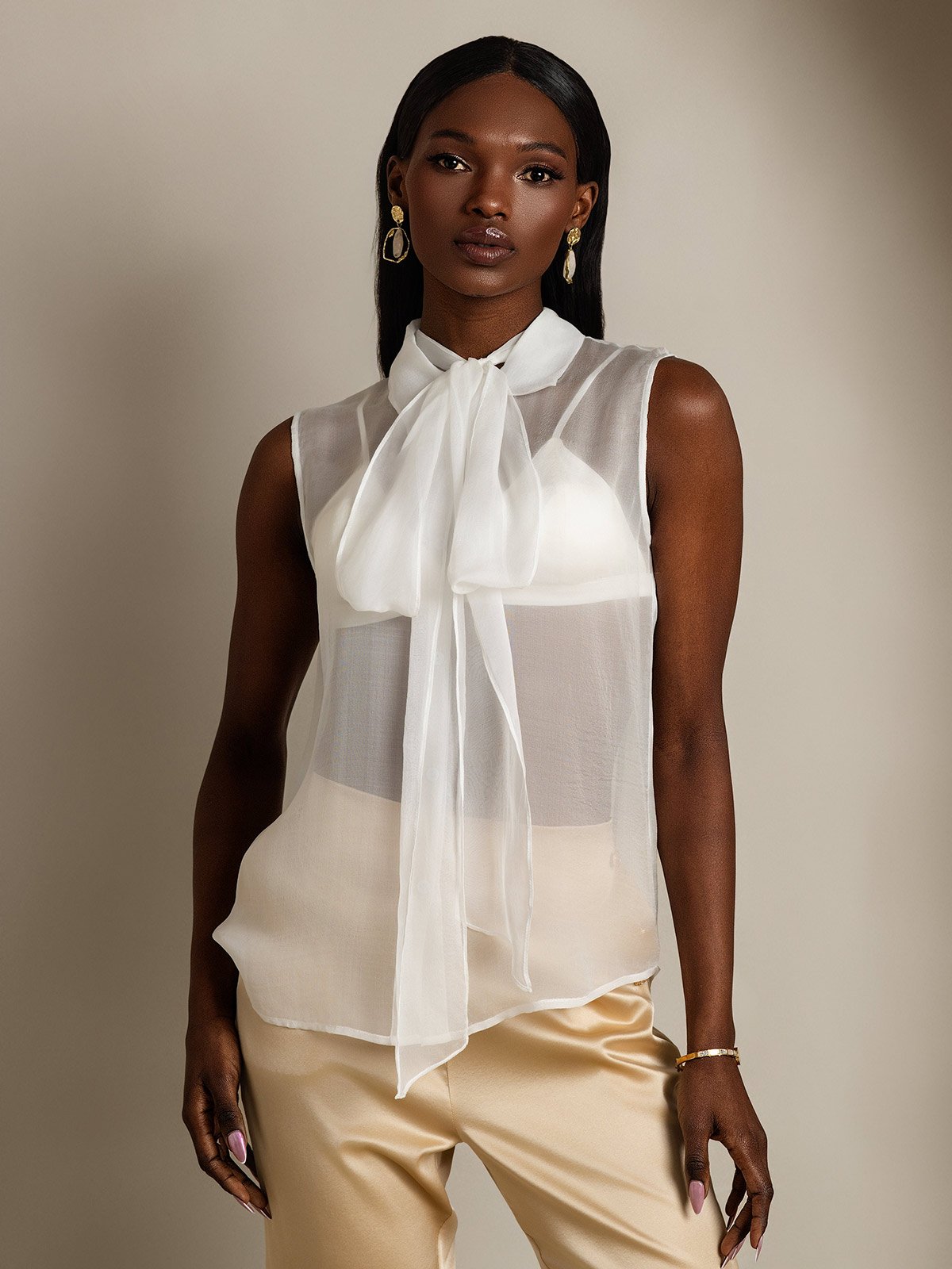 SilkSilky Pure Silk Sleeveless Tie Neck Women's Shirt White 001