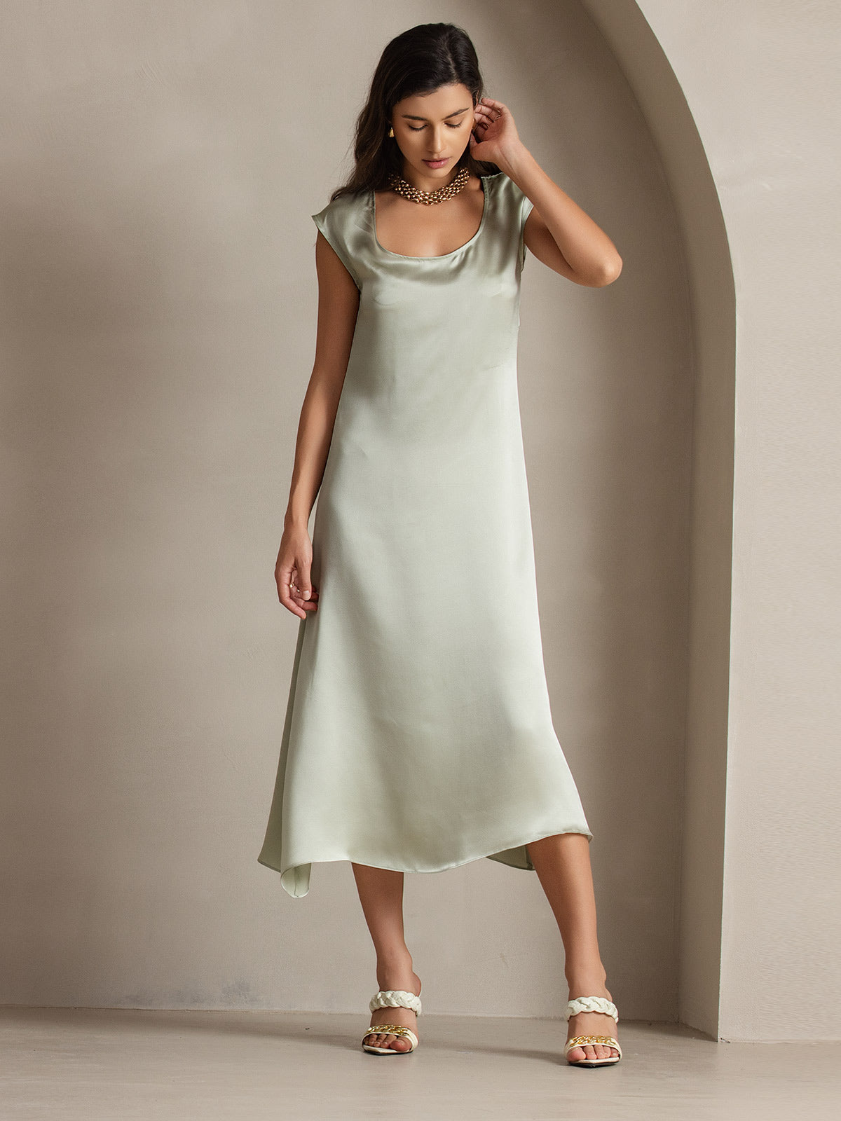 SilkSilky  19Momme Silk Sleeveless Round Neck Dress LightGreen 003