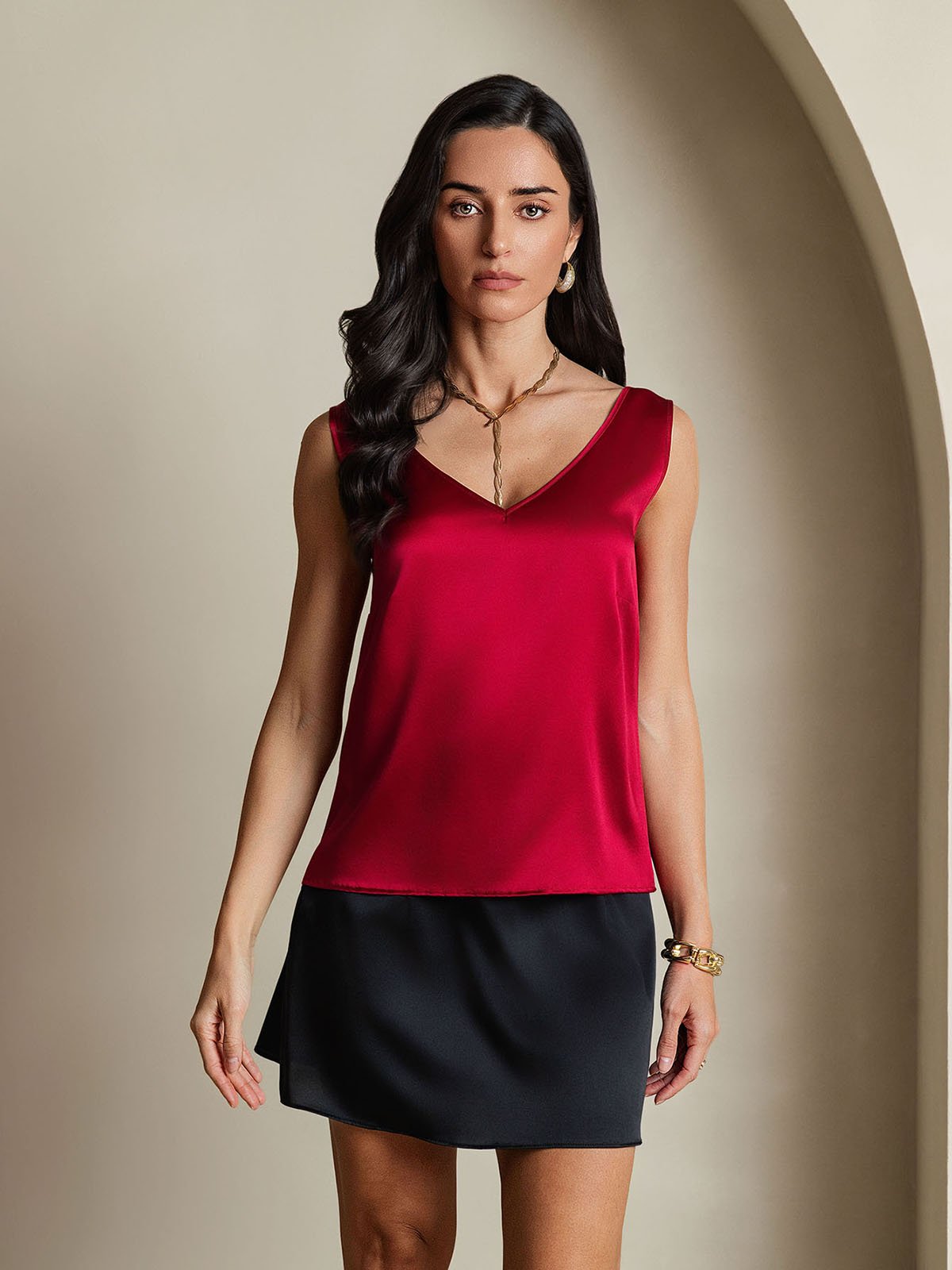 SilkSilky 19Momme Silk V Neck Camisole Top Wine 004