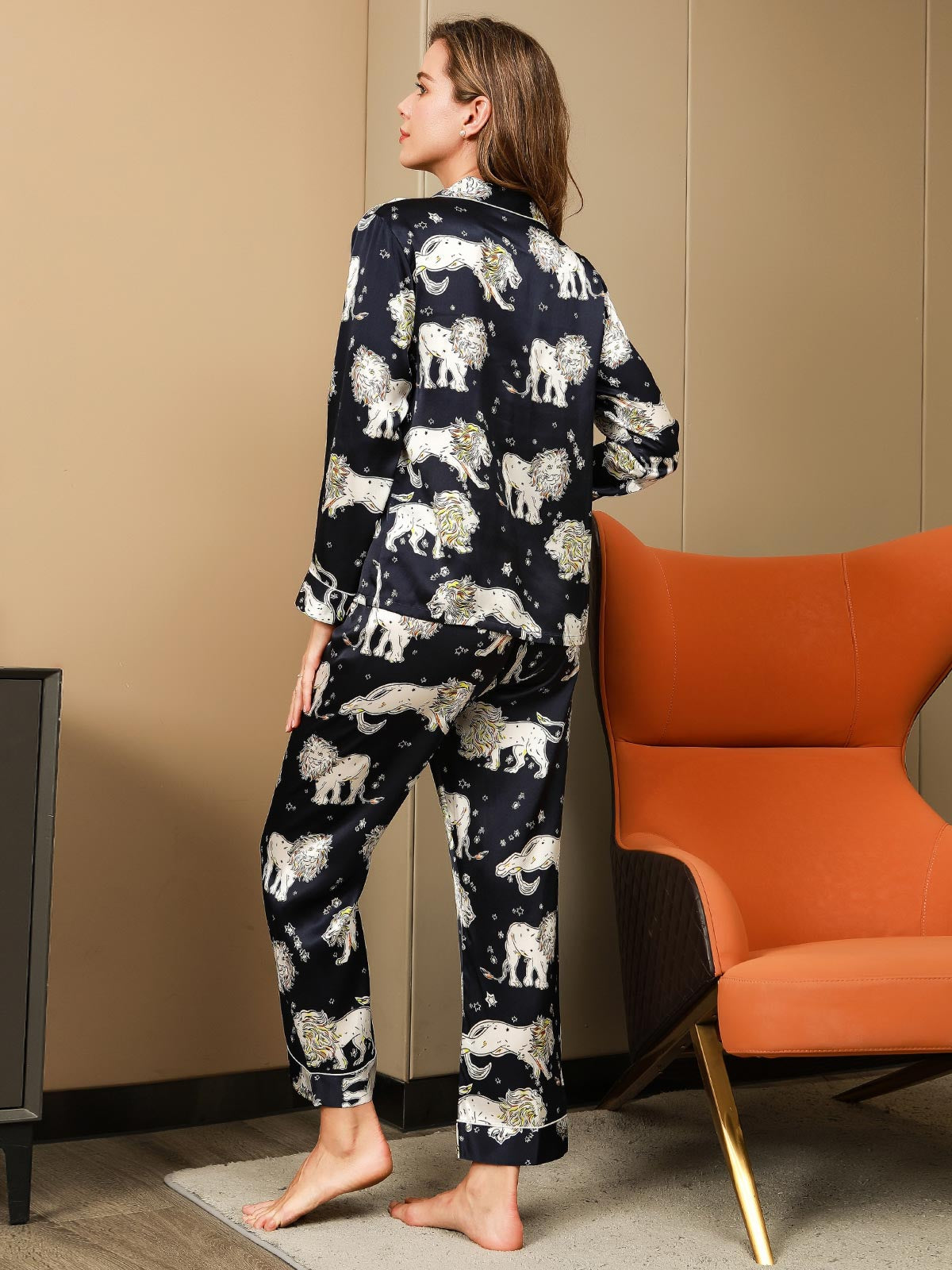 SilkSilky  Pure Silk Long Sleeve Lapel Women's Pajamas DarkBlue 002