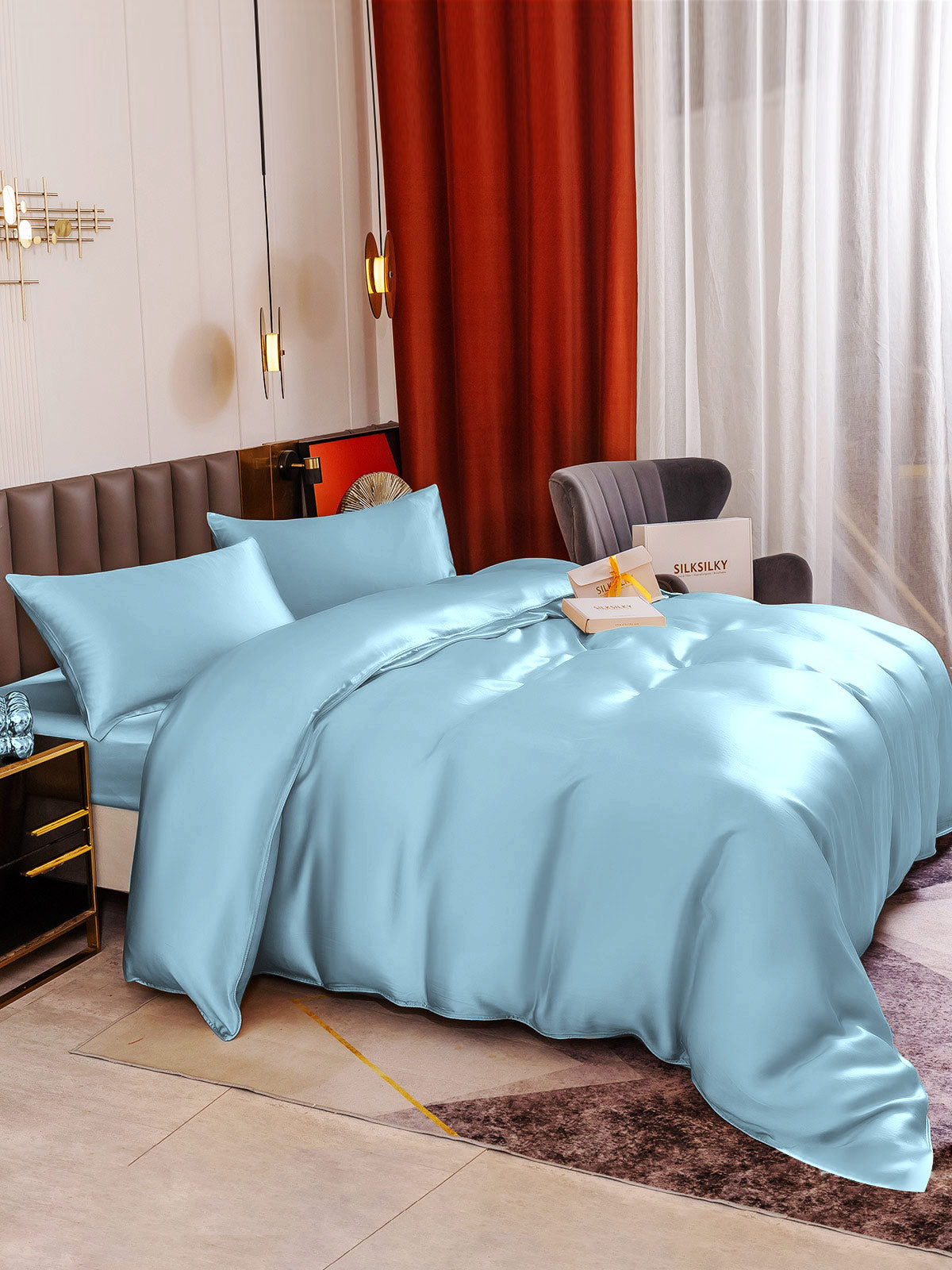 SilkSilky US 19Momme Pure Silk Bedding Set LightBlue 005