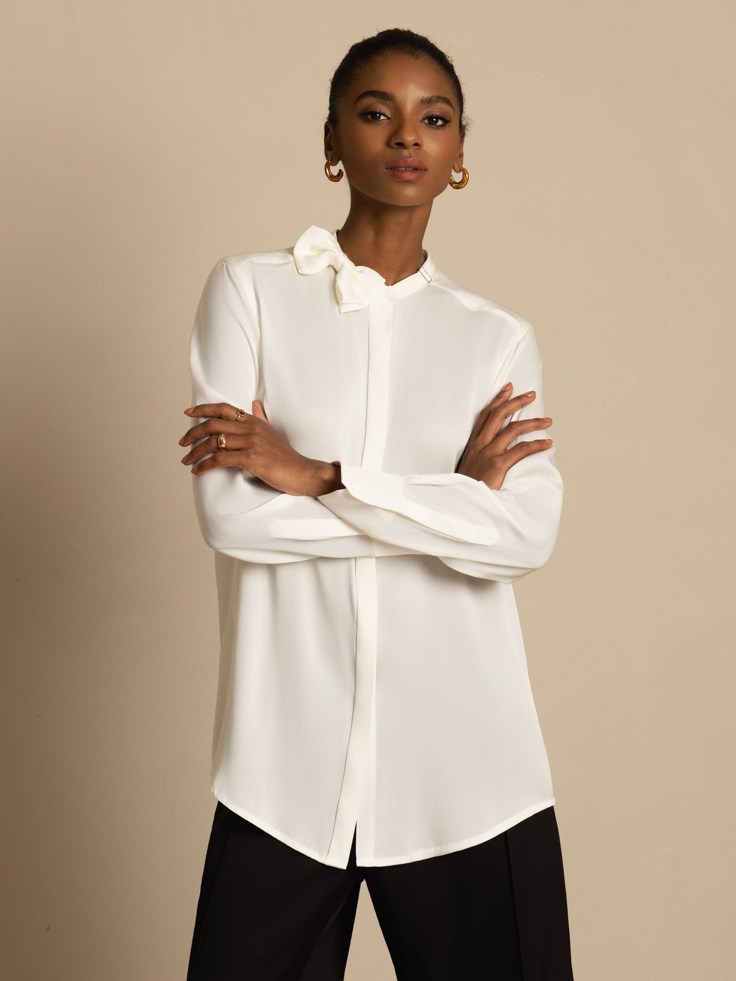 [White] SilkSilky 19Momme Silk Long Sleeve Collar Blouse 003