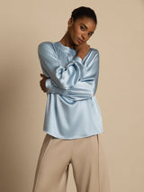 [Grayish Blue] SilkSilky  19Momme Stretch Silk Charmeuse Long Sleeve Round Neck Blouse 005