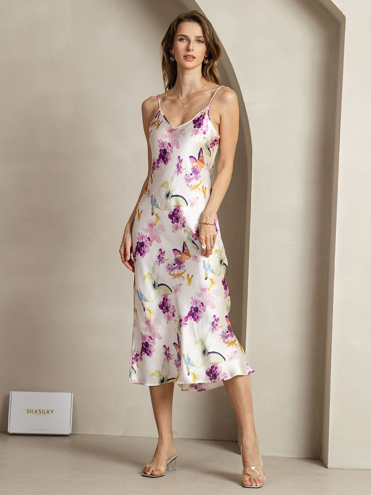 [Watercolor Floral] SilkSilky  19Momme Silk V Neck Dress 003