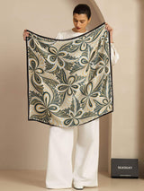 Pure silk square scarf with abstract floral pattern in green, gold, beige and blue