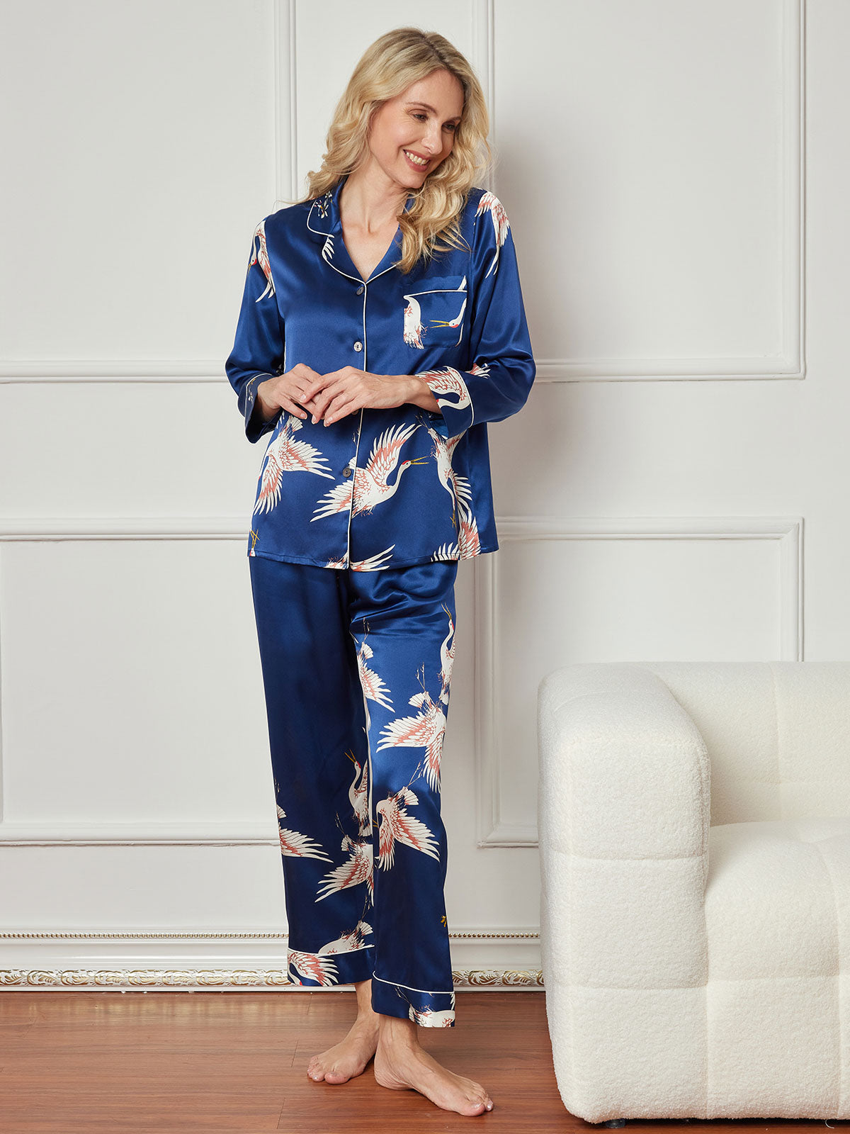 SilkSilky US 19Momme Pure Silk Long Sleeve Lapel Women's Pajamas DarkBlue 004