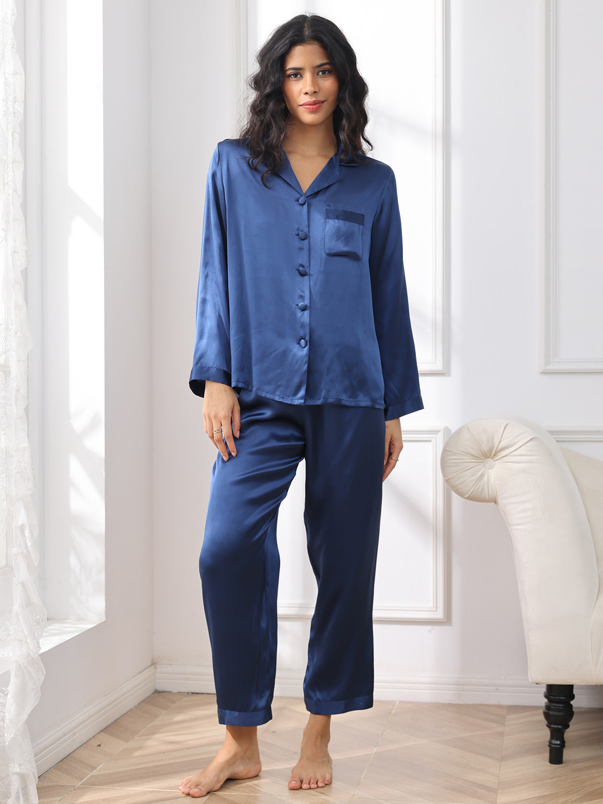 SilkSilky US Pure Silk Long Sleeve Lapel Women's Pajamas DarkBlue 003