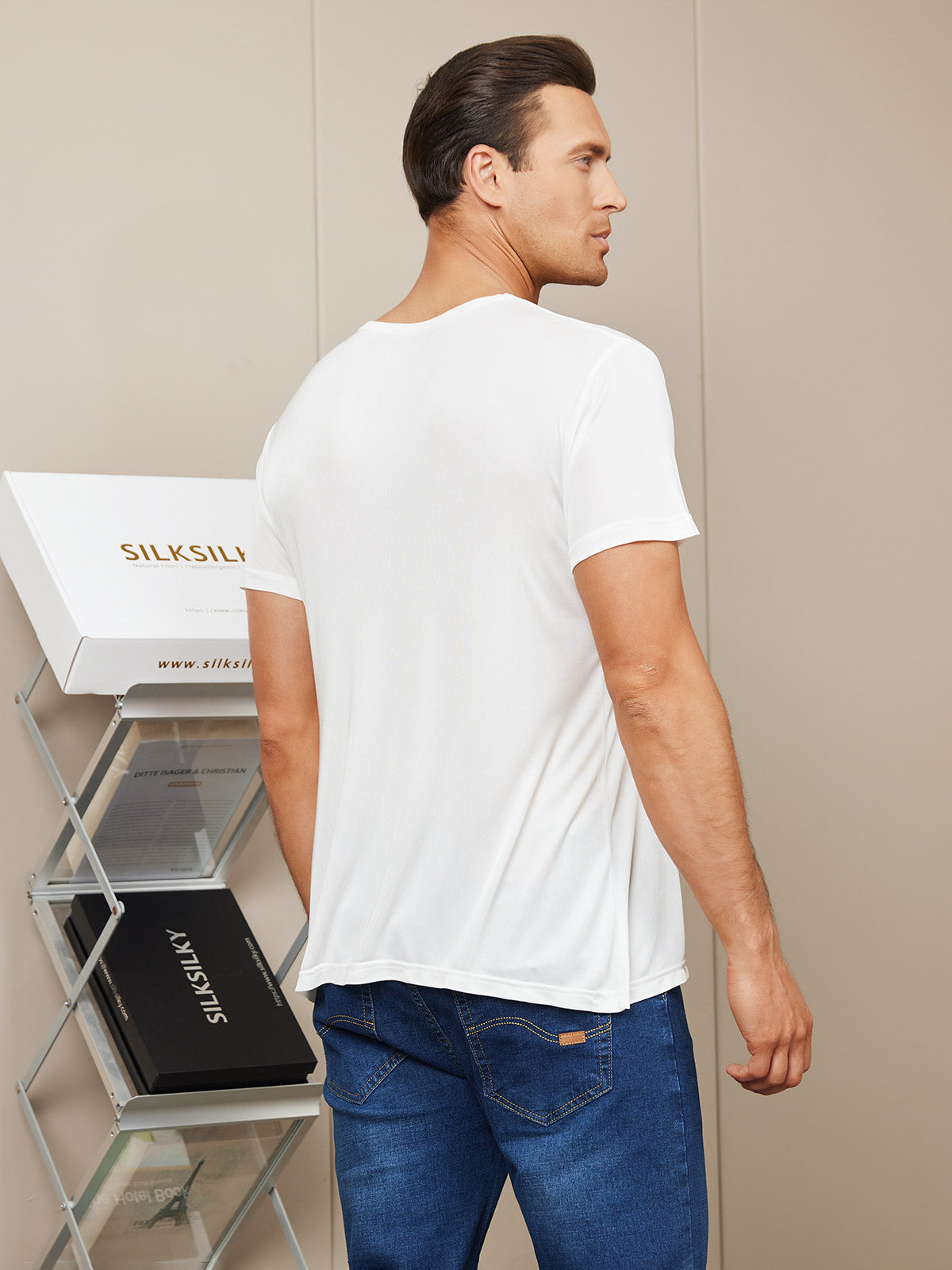[White] SilkSilky  Silk Knitted Round Neck Men's T-Shirt 002