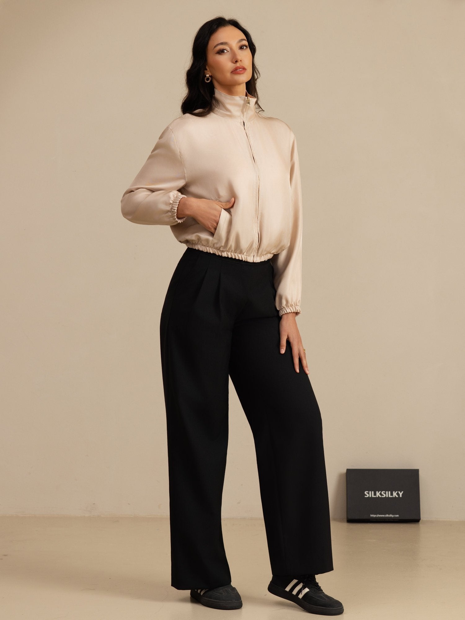 [Tan+Pink] SilkSilky  18Momme Silk Satin Surah Long Sleeve Stand Collar Women's Outerwear 008