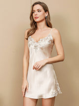 [Beige] SilkSilky  Spaghetti Strap V Neck Nightgown 001