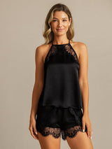 [Black] SilkSilky Sleeveless Halter Camisole Set 003