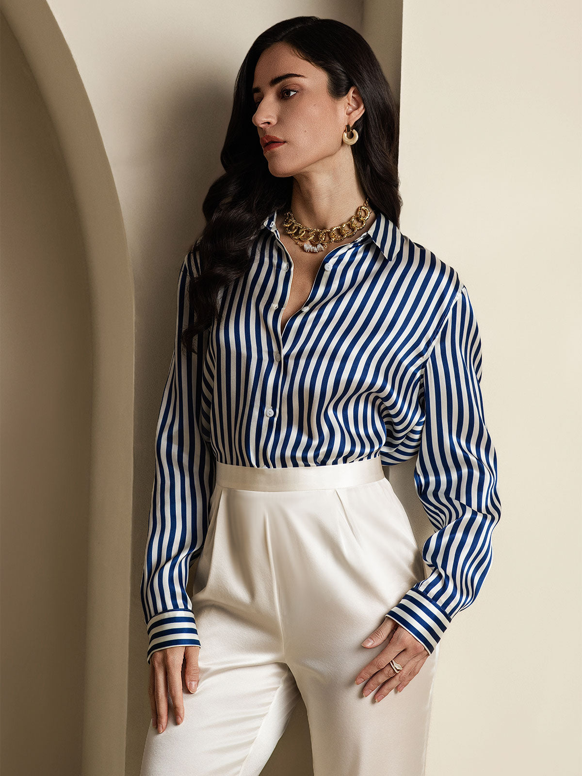 [Blue] SilkSilky  Silk Lapel Collar Women's Shirt 006