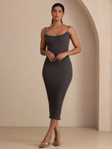 [Gray] SilkSilky Spaghetti Strap Square Neck Dress 001
