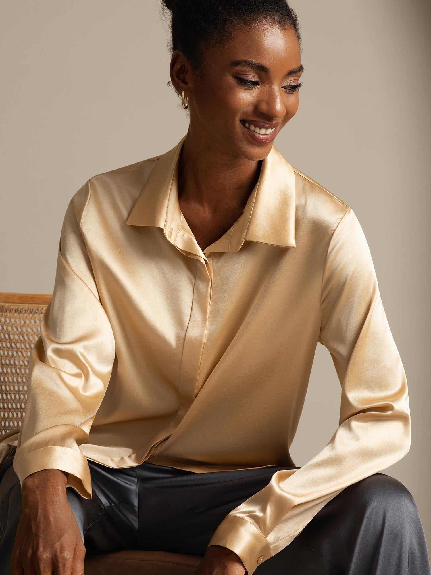 [Champagne] SilkSilky  19Momme Silk Lapel Collar Women's Shirt 001