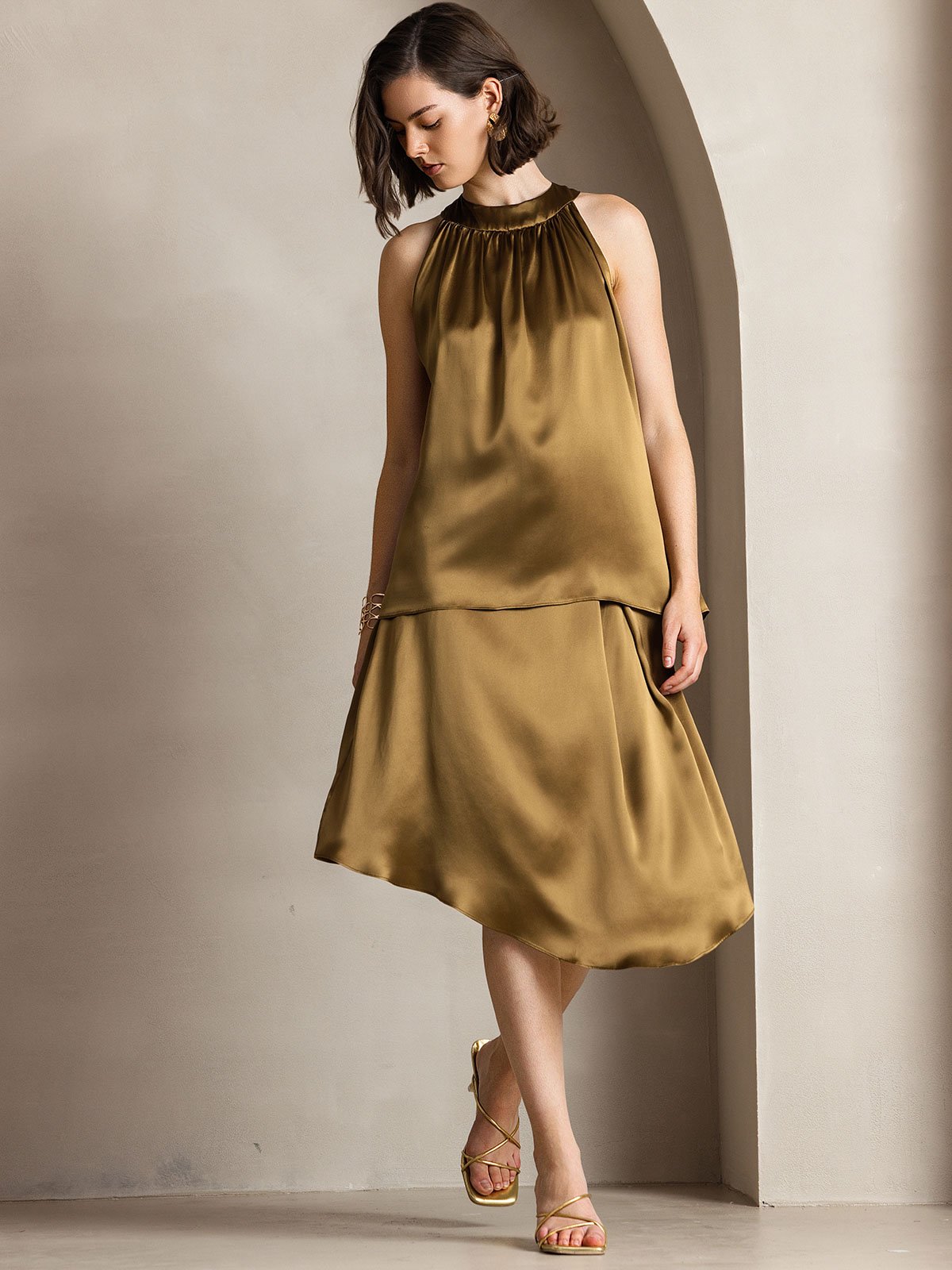[Brown] SilkSilky  19Momme Silk Womens T-Shirt 004