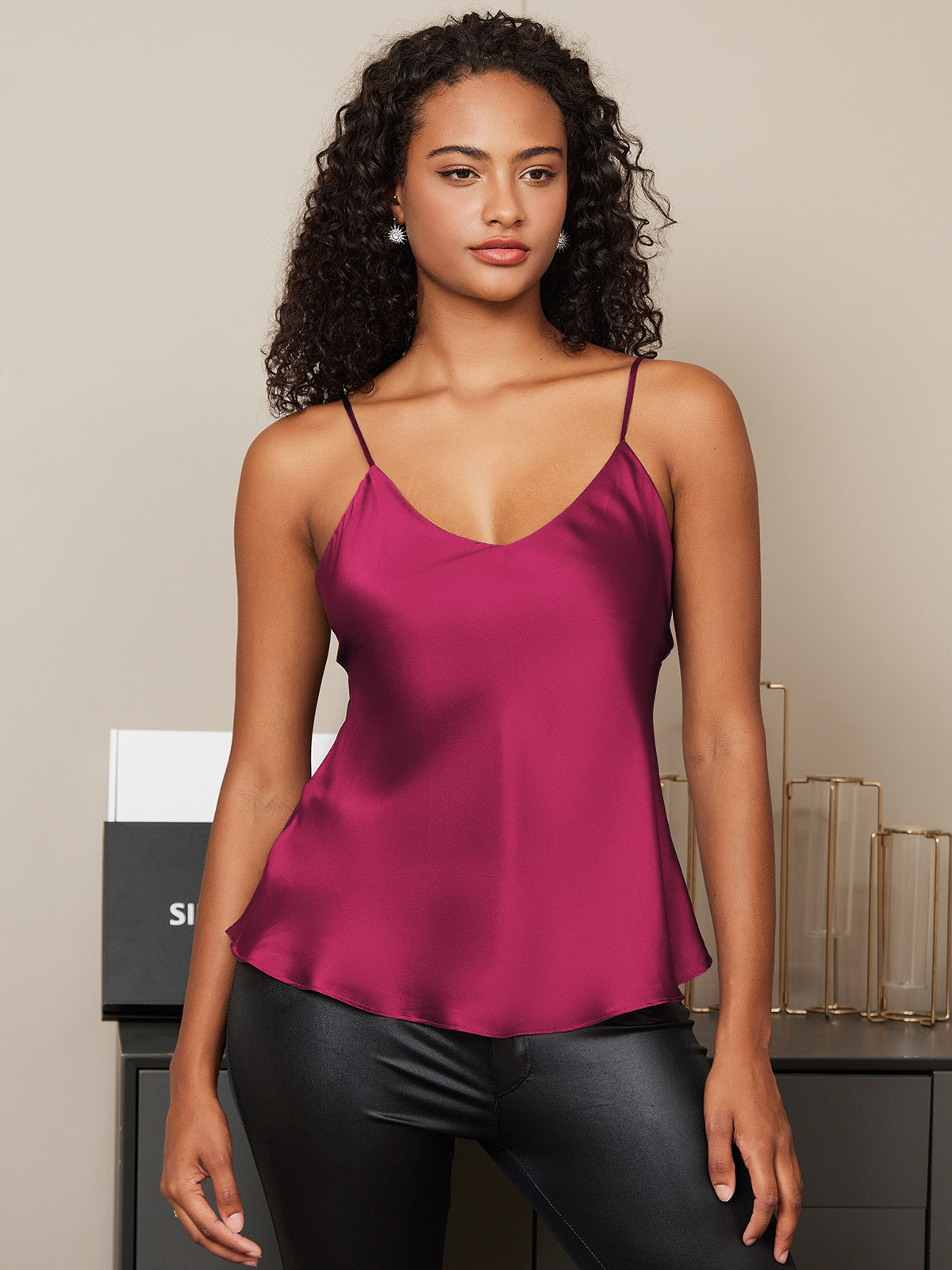 SilkSilky  Pure Silk Sleeveless V Neck Camisole Top Fuchsia 004