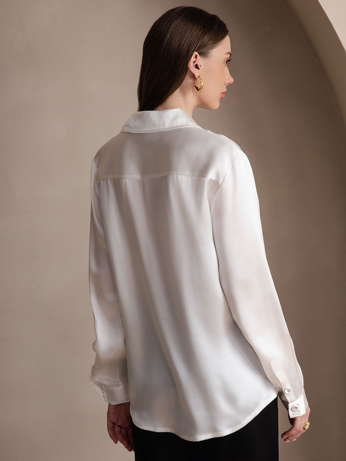 SilkSilky  19Momme Silk Long Sleeve Collar Women's Shirt White 002